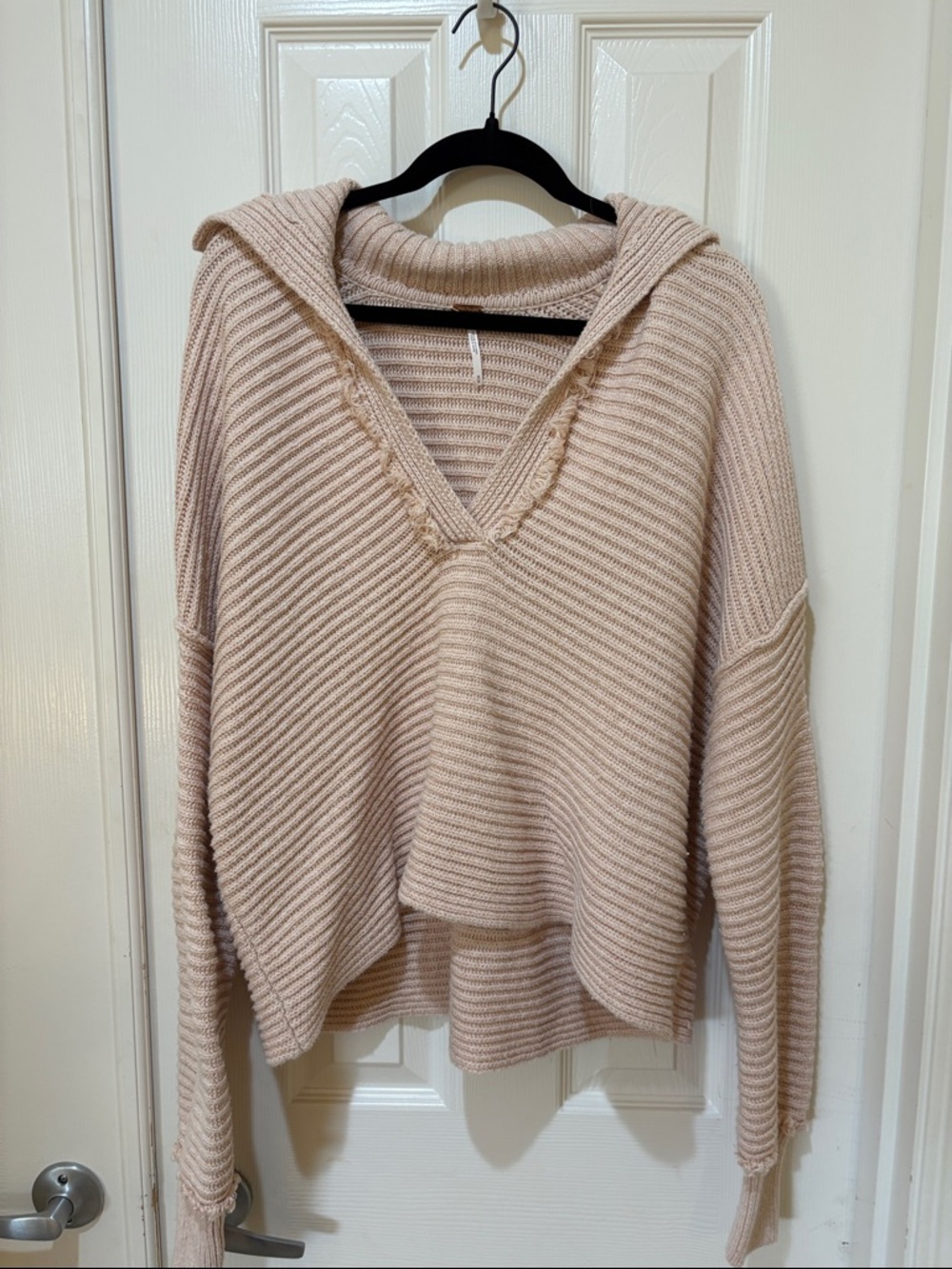 Free People Ribbed V-Neck Hooded Sweater in Blush